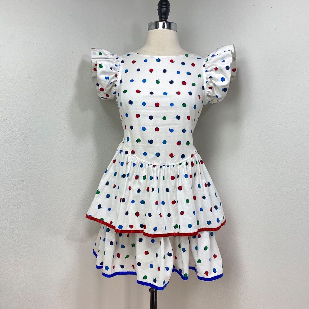 Amy Too! Vintage 80s Dress Girls (Size 14) XS Cotton Colorful Polks Dots Ruffles